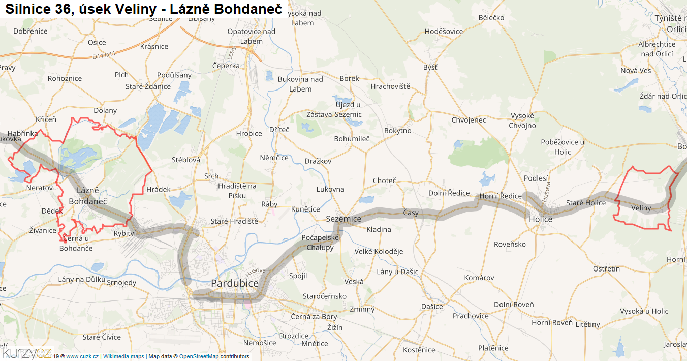 Úsek Veliny - Lázně Bohdaneč, Silnice 36 - Mapa