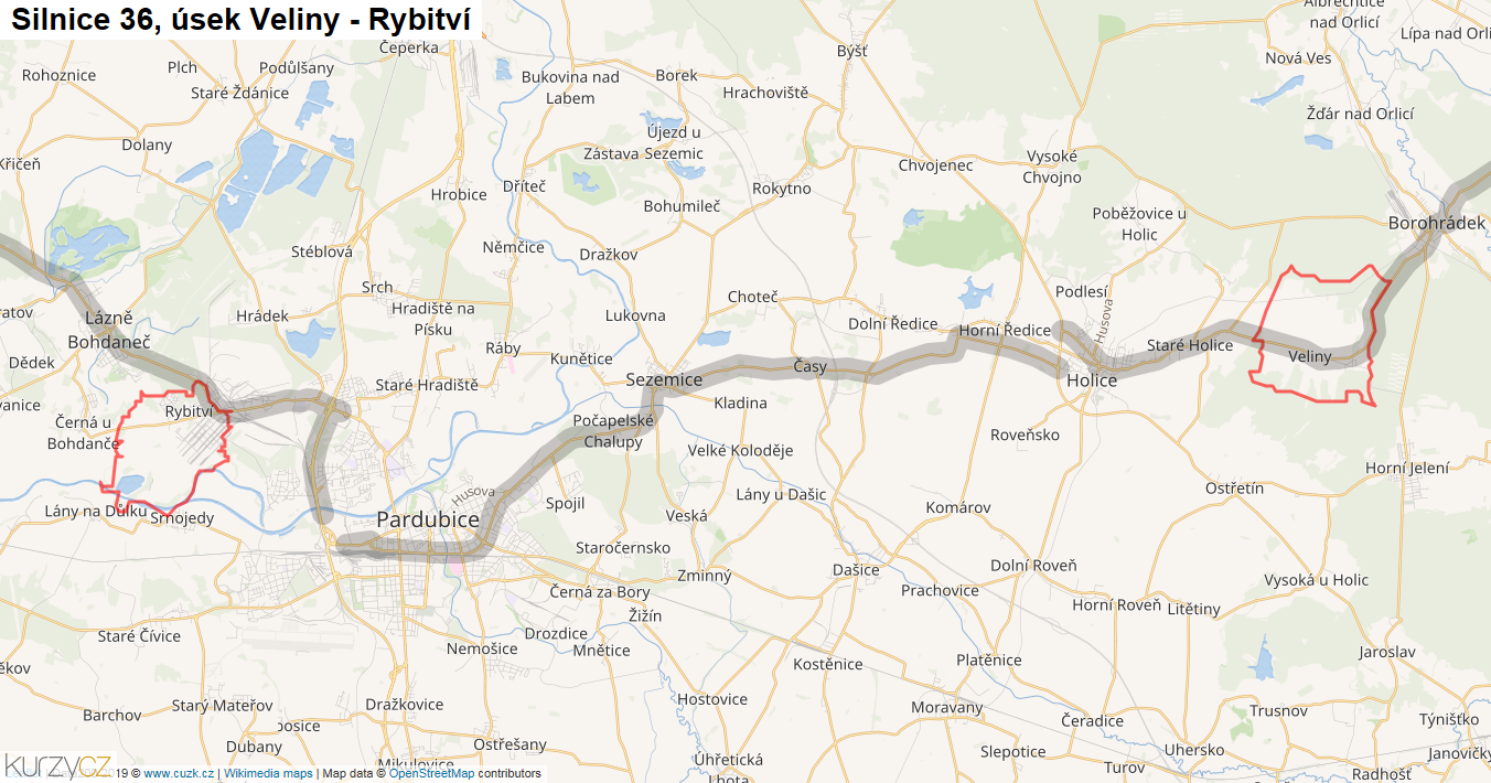 Úsek Veliny - Rybitví, Silnice 36 - Mapa
