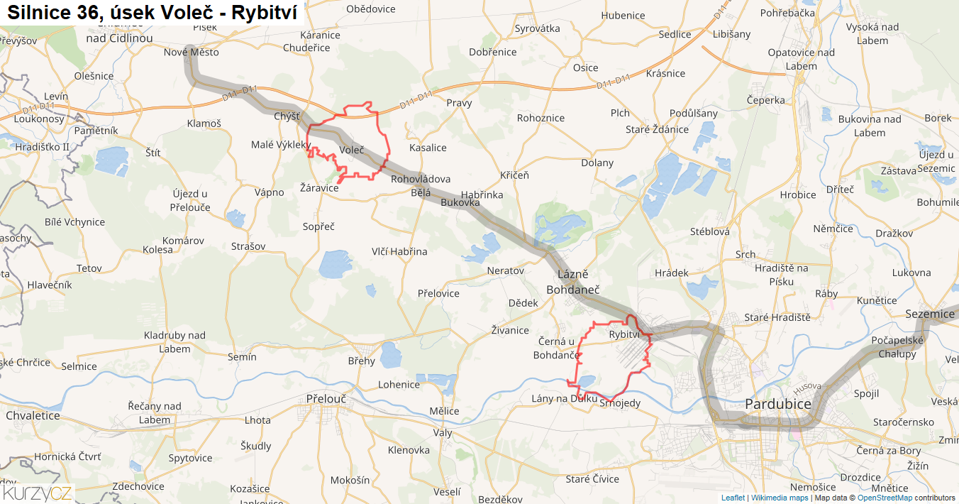 Úsek Voleč - Rybitví, Silnice 36 - Mapa