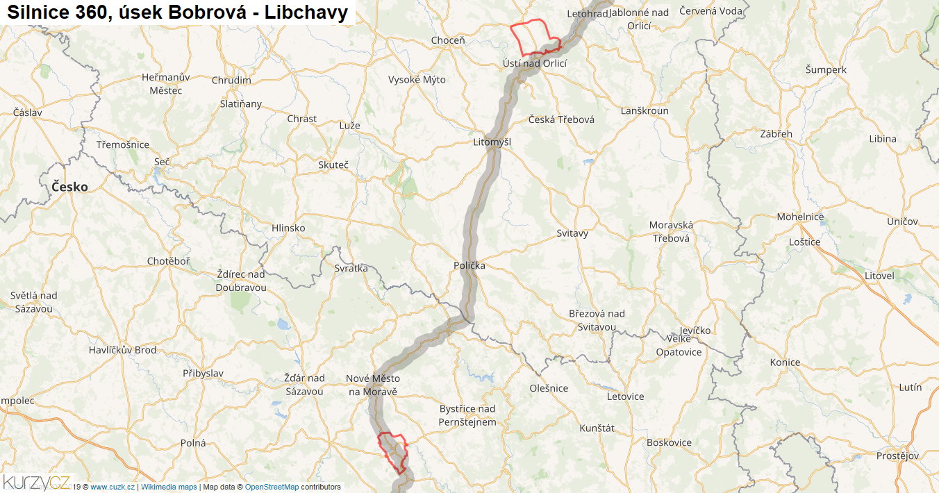 Úsek Bobrová - Libchavy, Silnice 360 - Mapa