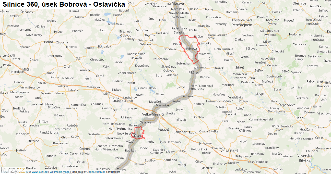 Úsek Bobrová - Oslavička, Silnice 360 - Mapa