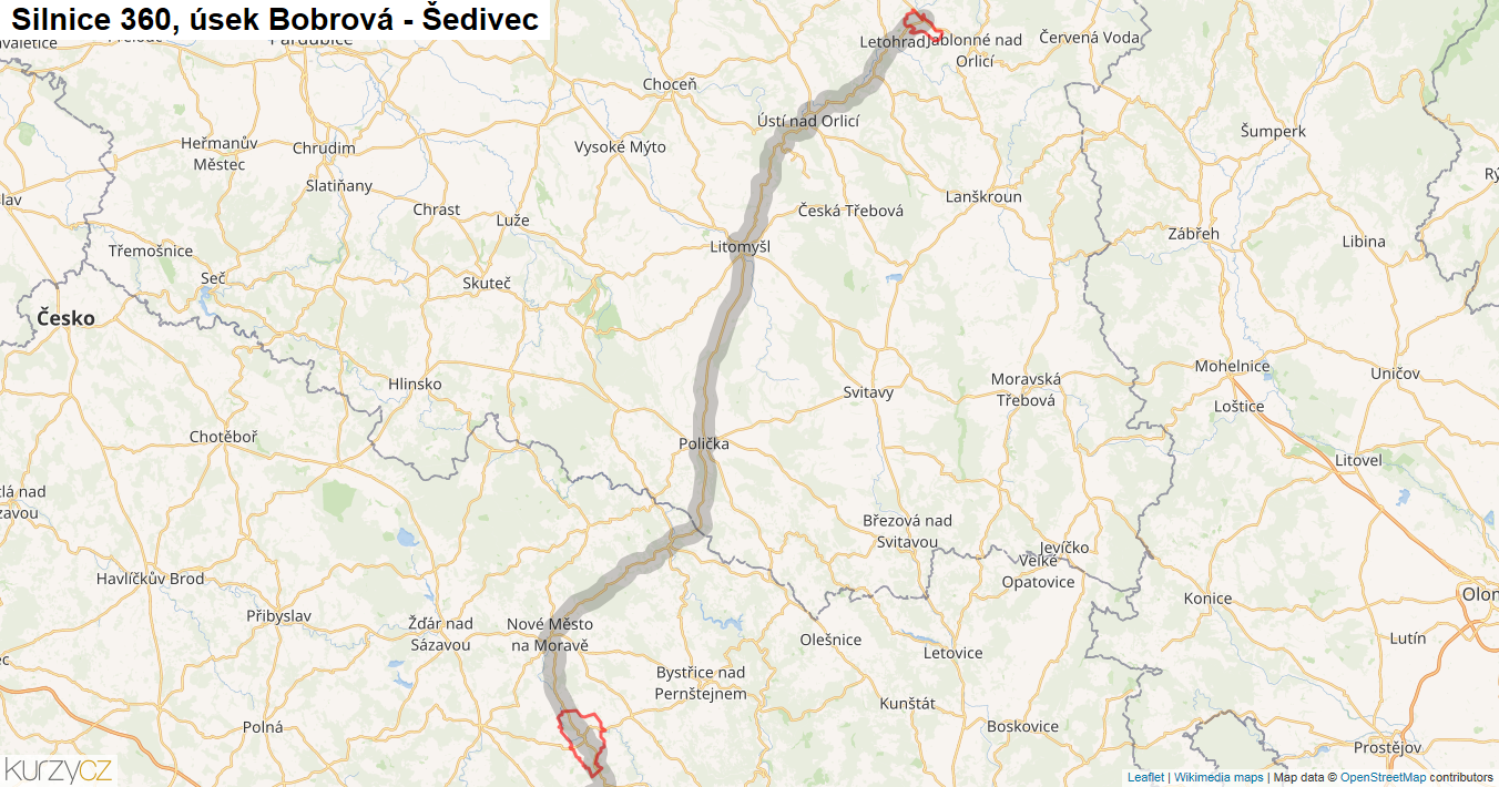 Úsek Bobrová - Šedivec, Silnice 360 - Mapa