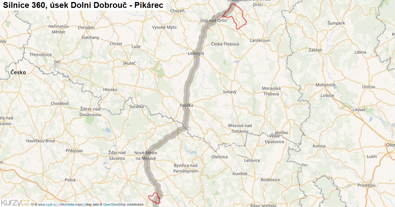 Úsek Dolní Dobrouč - Pikárec, Silnice 360 - Mapa