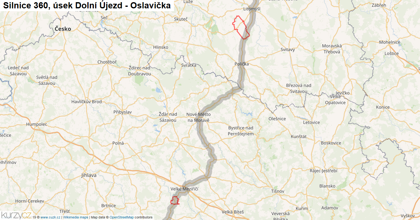 Úsek Dolní Újezd - Oslavička, Silnice 360 - Mapa