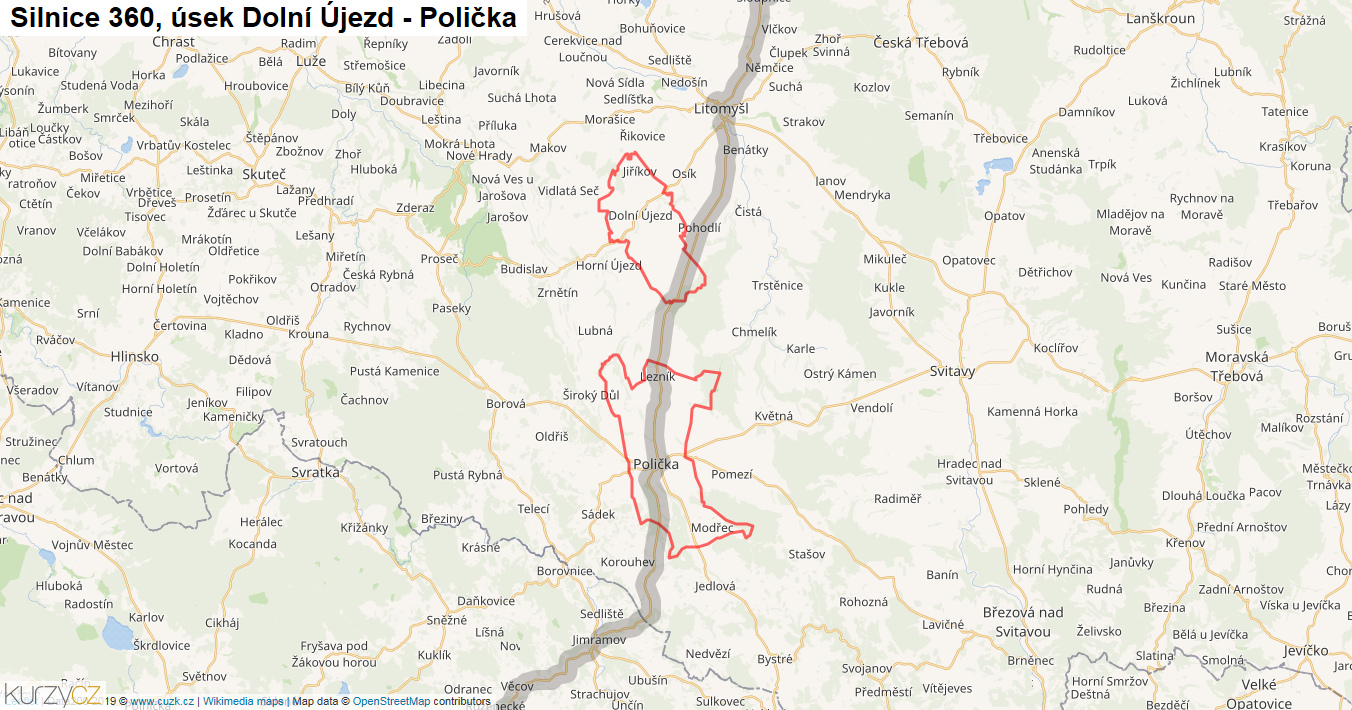 Úsek Dolní Újezd - Polička, Silnice 360 - Mapa