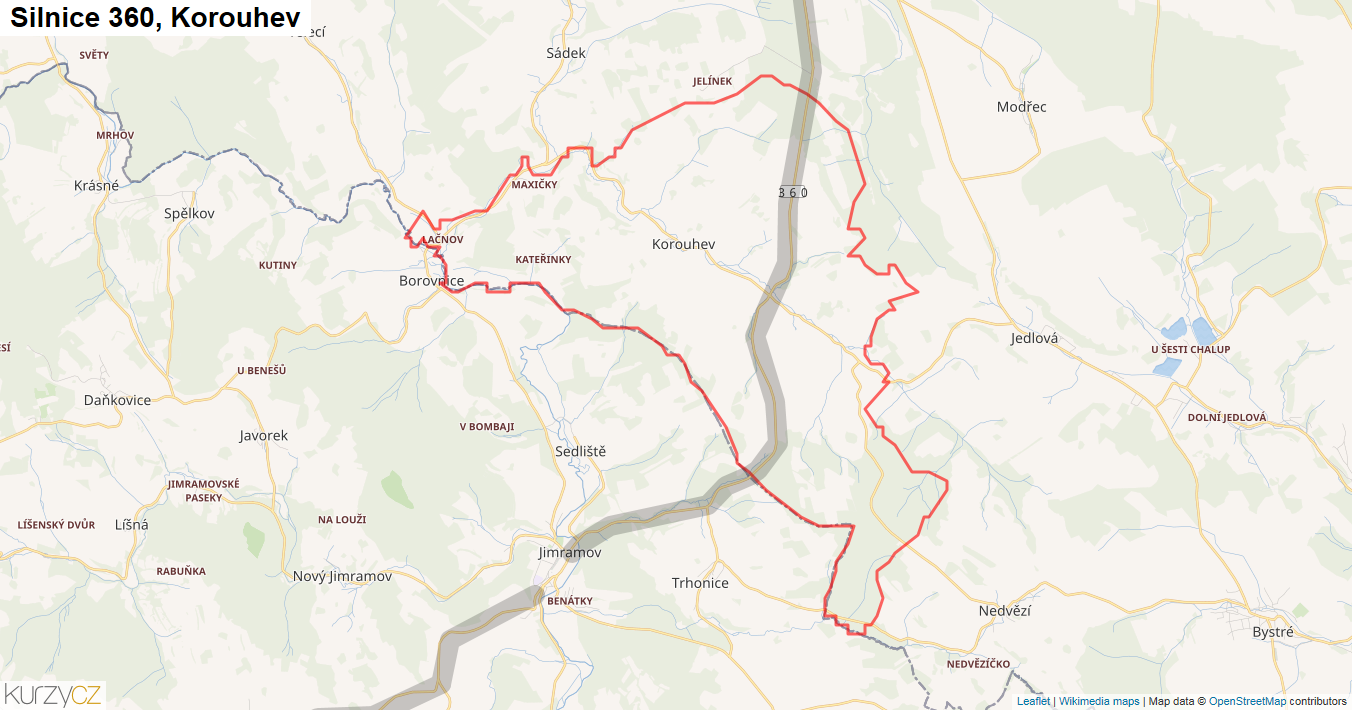 Korouhev, Silnice 360 - Mapa