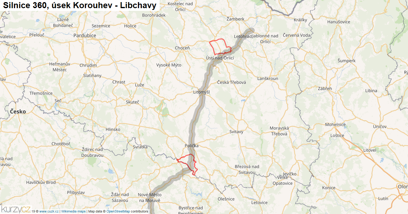 Úsek Korouhev - Libchavy, Silnice 360 - Mapa