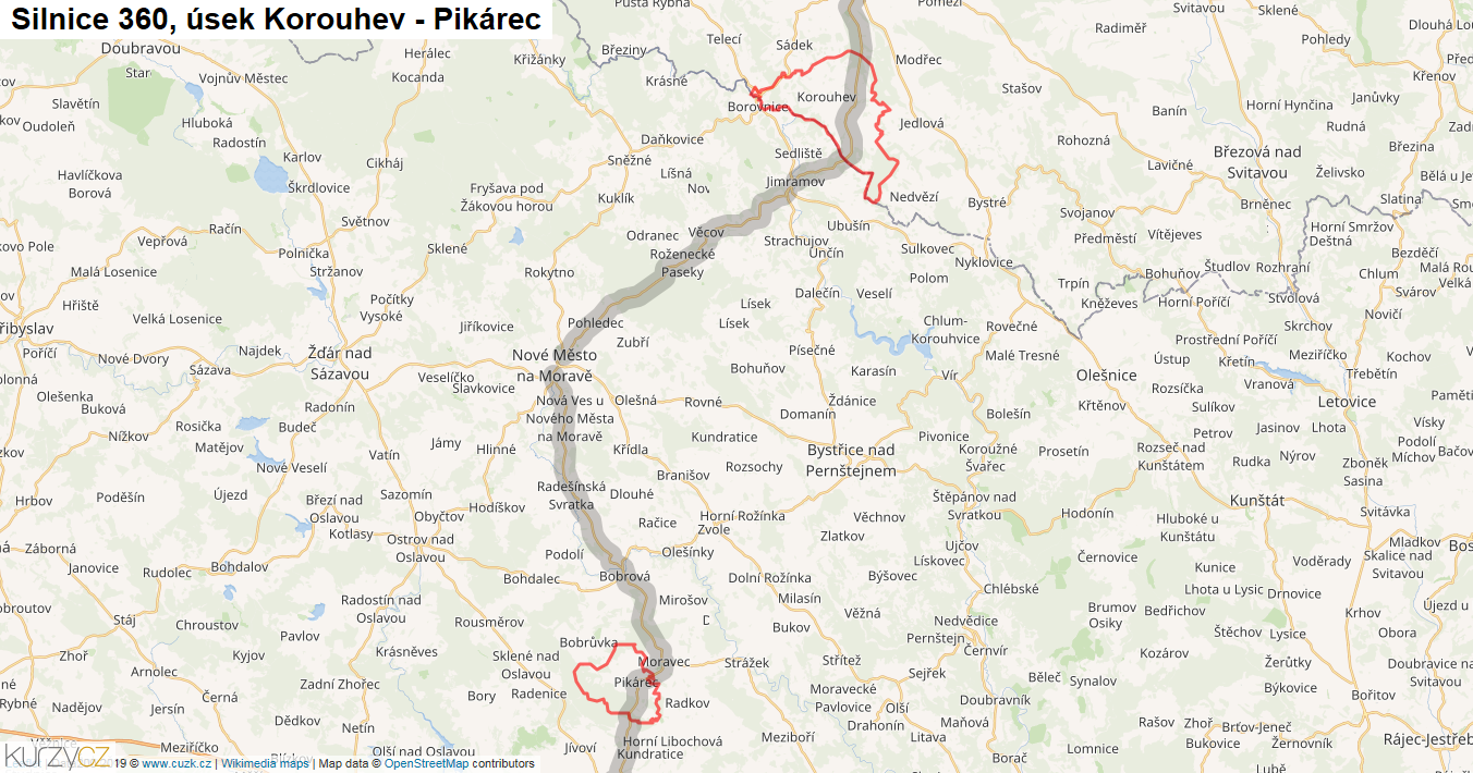 Úsek Korouhev - Pikárec, Silnice 360 - Mapa