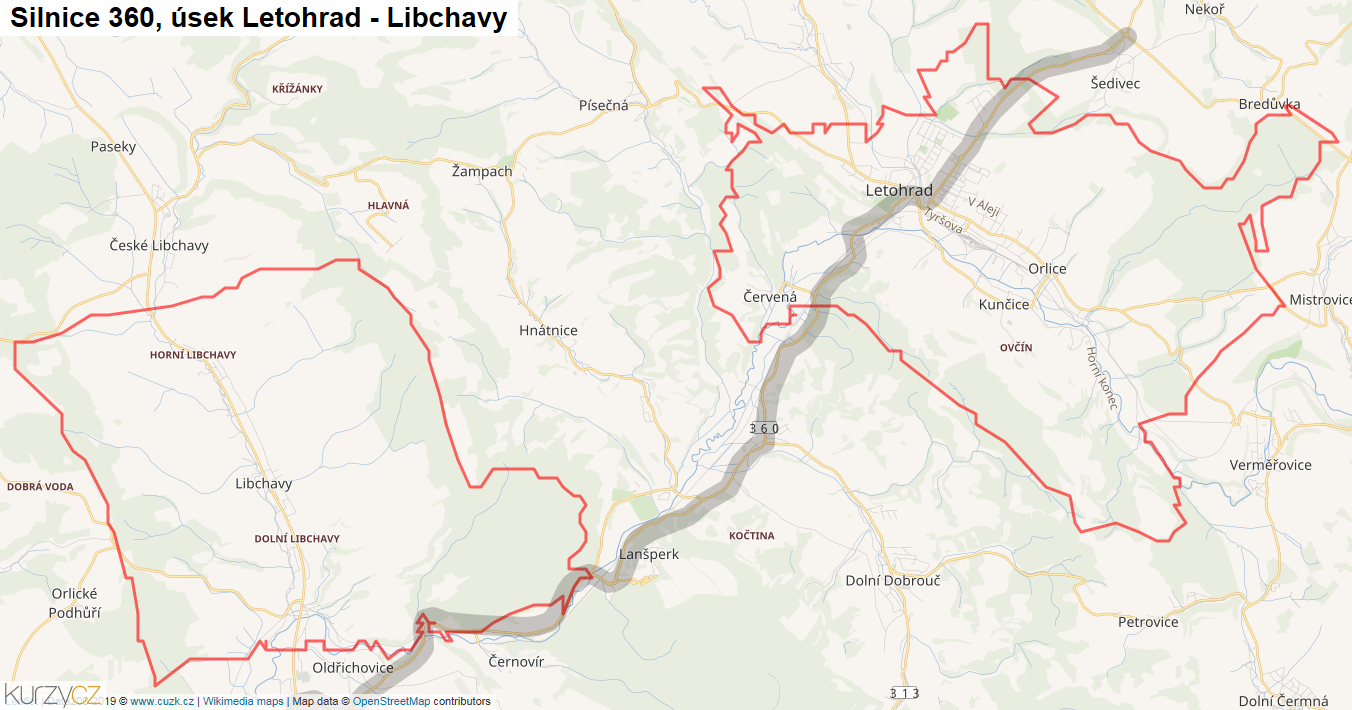 Úsek Letohrad - Libchavy, Silnice 360 - Mapa