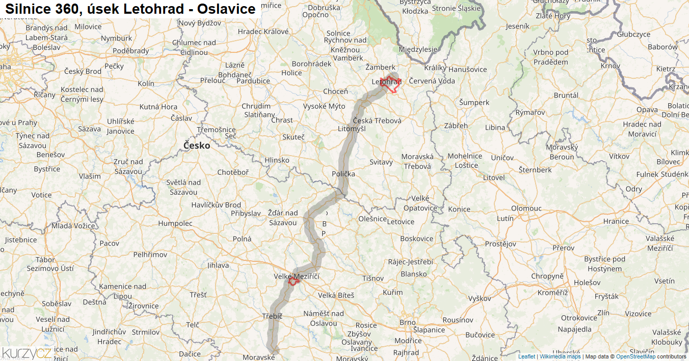 Úsek Letohrad - Oslavice, Silnice 360 - Mapa