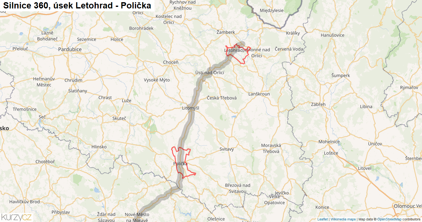 Úsek Letohrad - Polička, Silnice 360 - Mapa