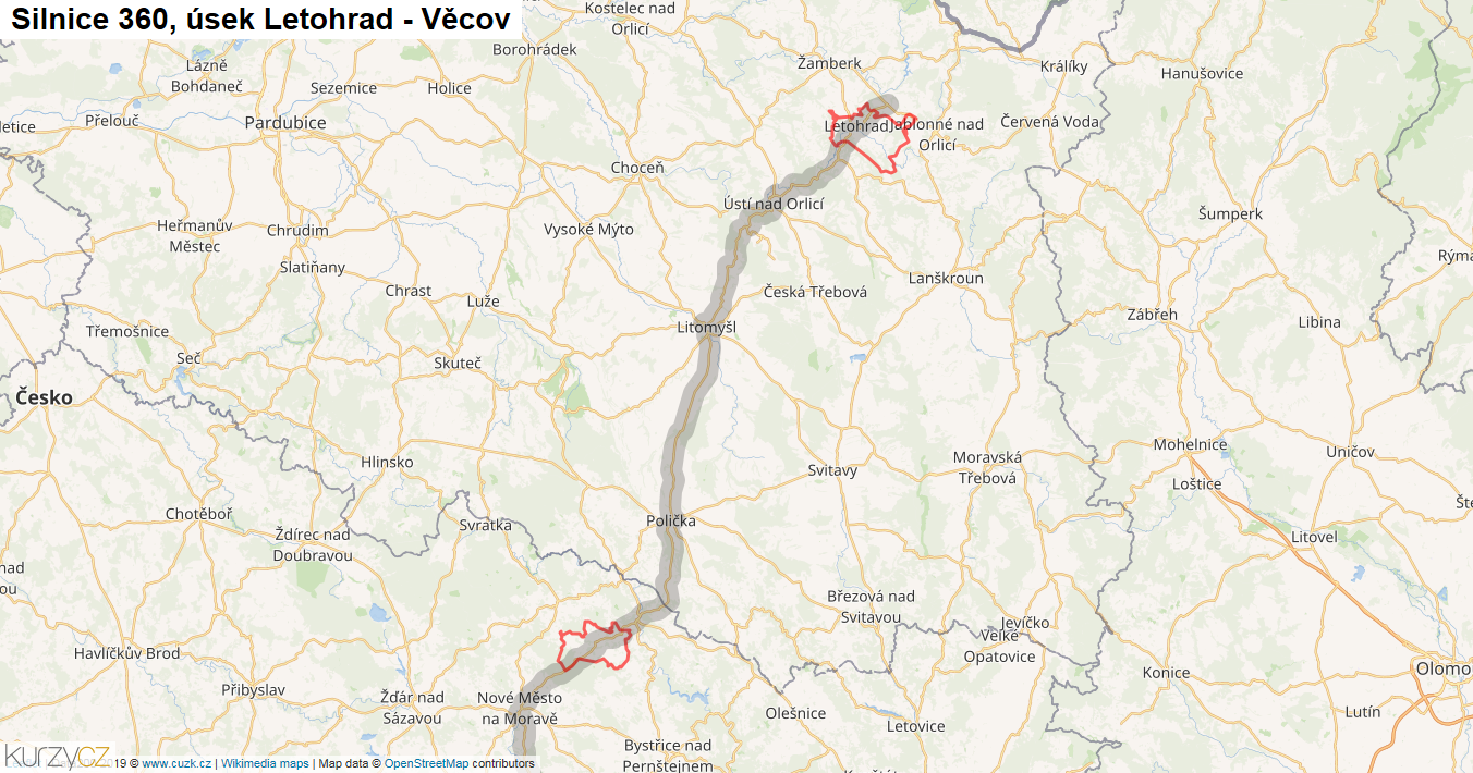 Úsek Letohrad - Věcov, Silnice 360 - Mapa