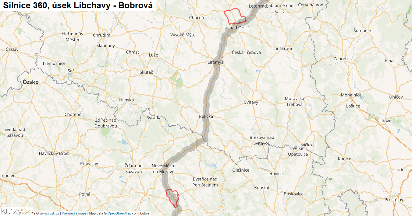Úsek Libchavy - Bobrová, Silnice 360 - Mapa