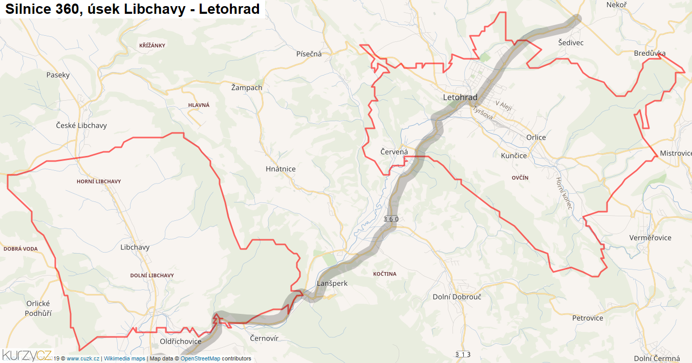 Úsek Libchavy - Letohrad, Silnice 360 - Mapa