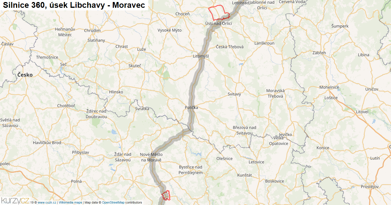 Úsek Libchavy - Moravec, Silnice 360 - Mapa