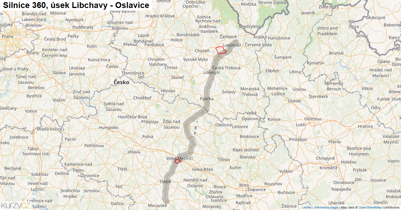 Úsek Libchavy - Oslavice, Silnice 360 - Mapa