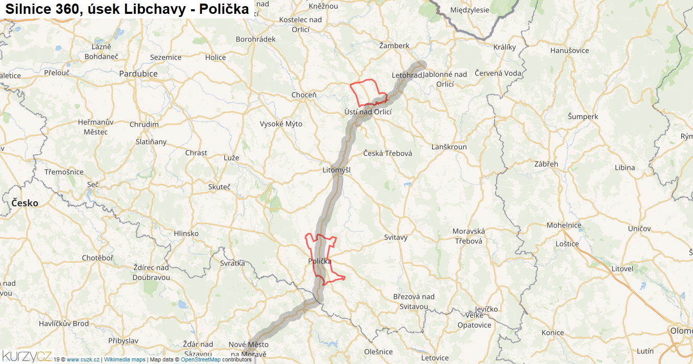 Úsek Libchavy - Polička, Silnice 360 - Mapa