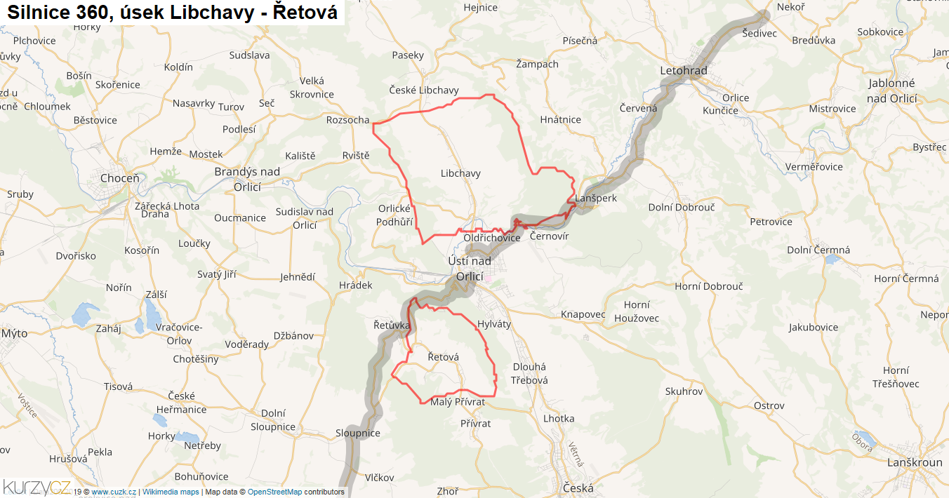Úsek Libchavy - Řetová, Silnice 360 - Mapa