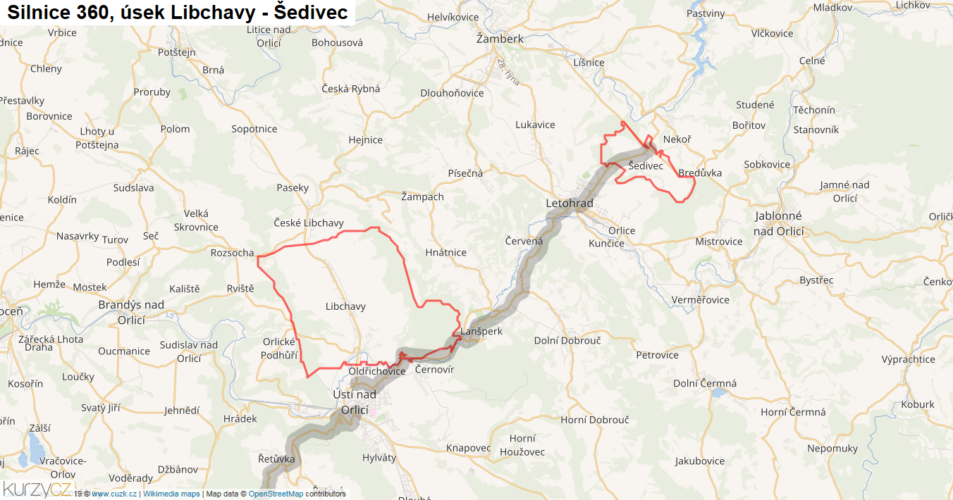 Úsek Libchavy - Šedivec, Silnice 360 - Mapa