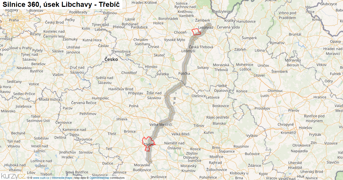 Úsek Libchavy - Třebíč, Silnice 360 - Mapa