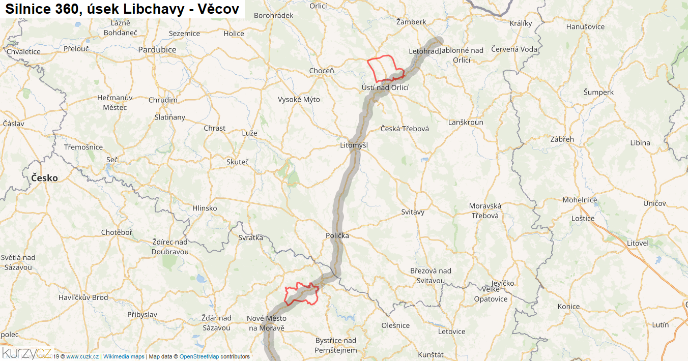 Úsek Libchavy - Věcov, Silnice 360 - Mapa
