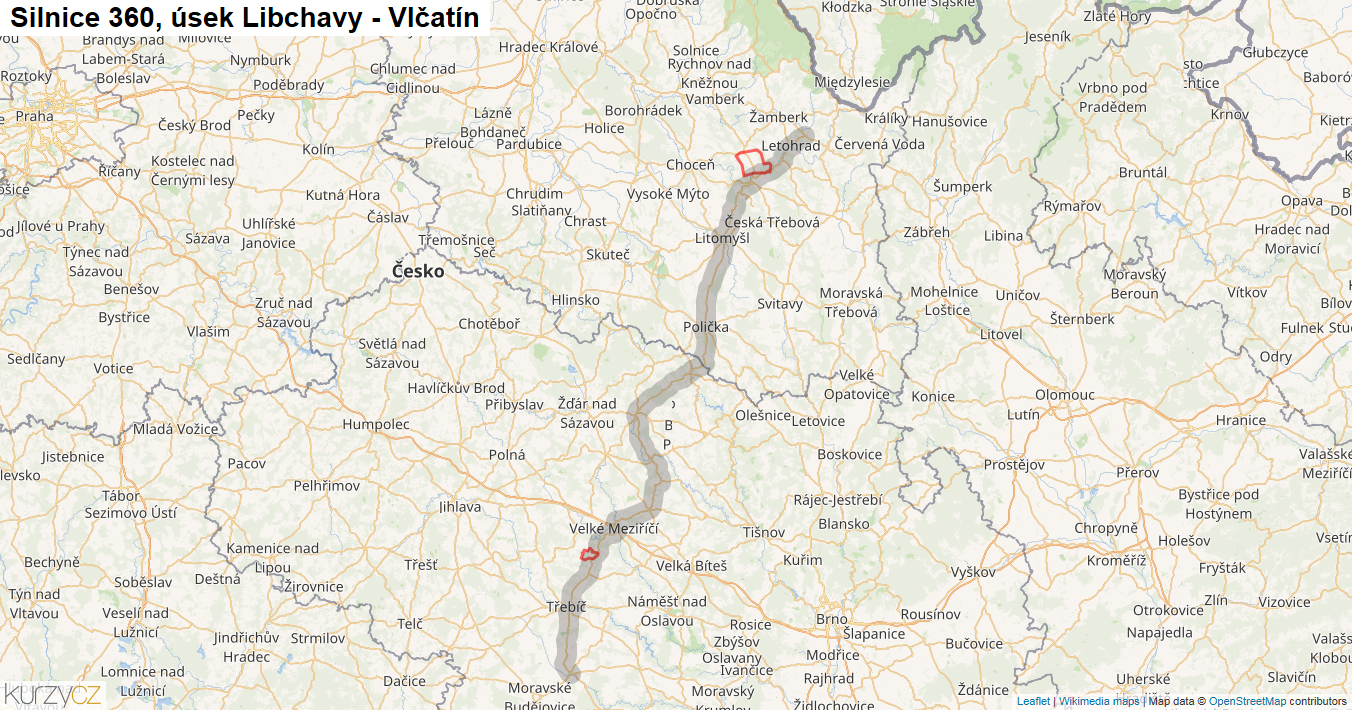Úsek Libchavy - Vlčatín, Silnice 360 - Mapa