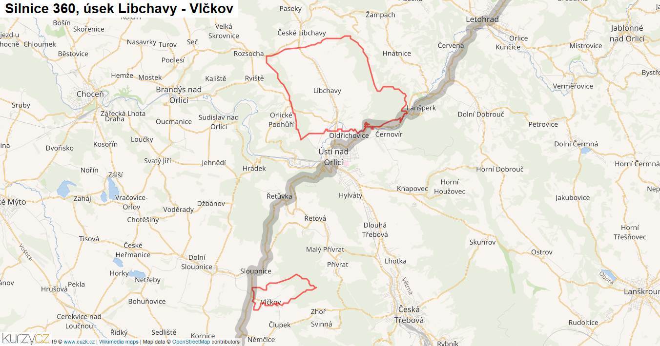 Úsek Libchavy - Vlčkov, Silnice 360 - Mapa