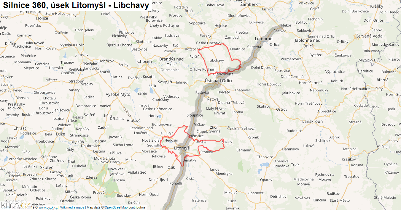 Úsek Litomyšl - Libchavy, Silnice 360 - Mapa