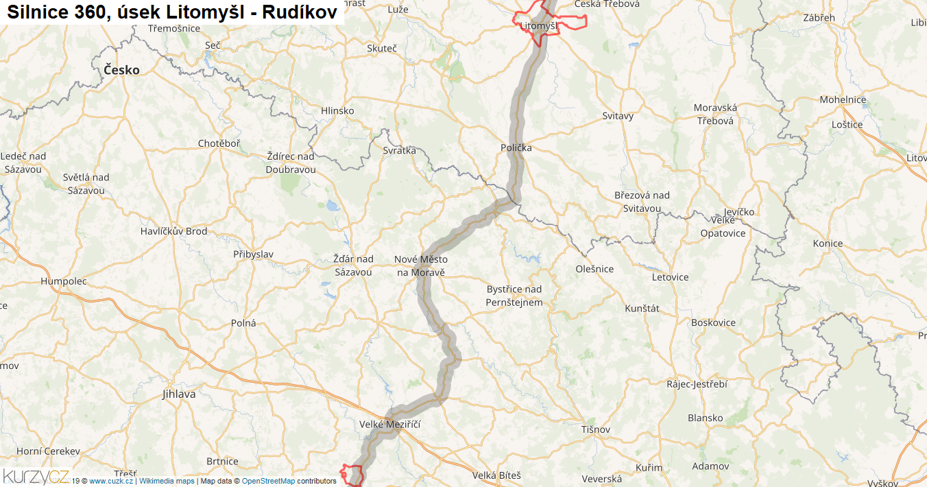 Úsek Litomyšl - Rudíkov, Silnice 360 - Mapa
