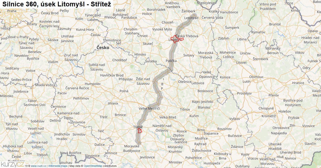 Úsek Litomyšl - Střítež, Silnice 360 - Mapa