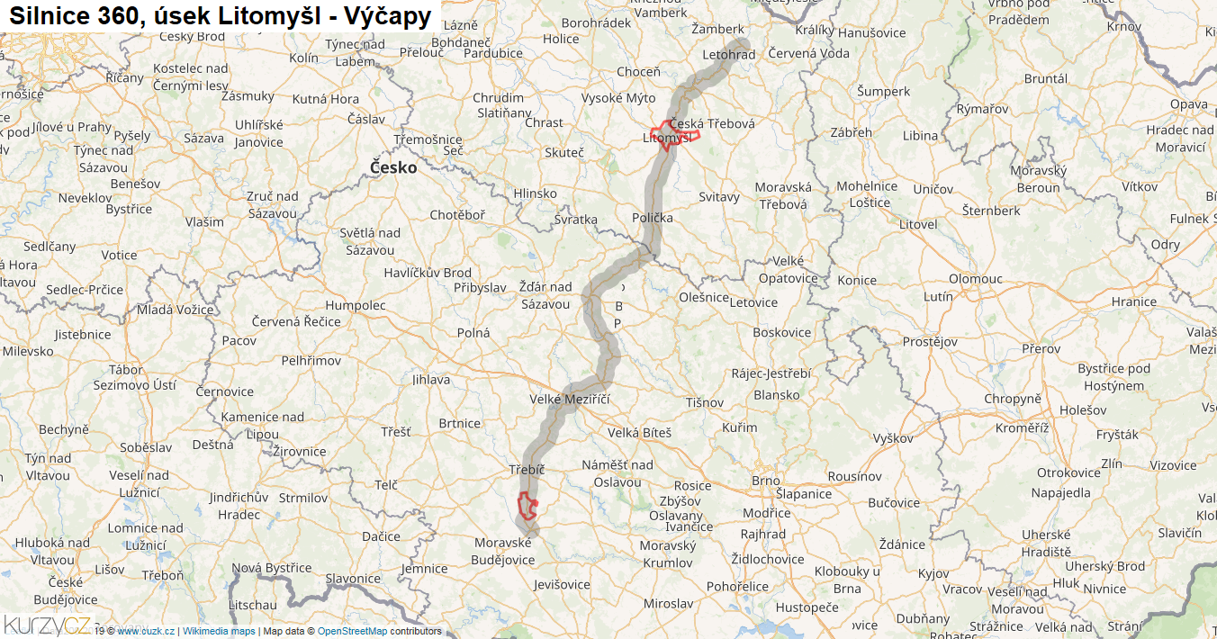 Úsek Litomyšl - Výčapy, Silnice 360 - Mapa