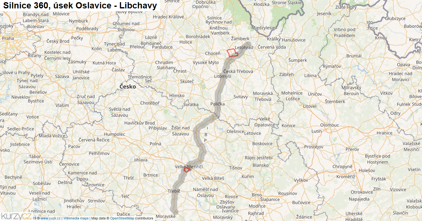Úsek Oslavice - Libchavy, Silnice 360 - Mapa