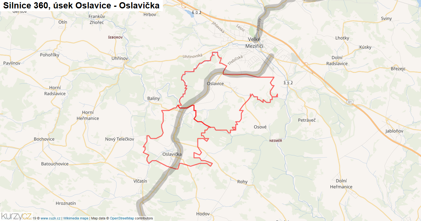 Úsek Oslavice - Oslavička, Silnice 360 - Mapa