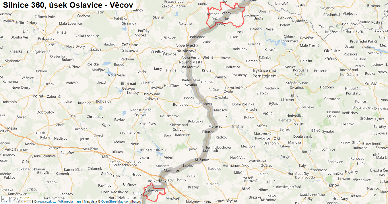 Úsek Oslavice - Věcov, Silnice 360 - Mapa