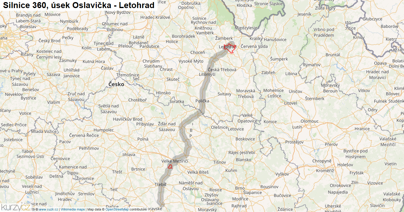 Úsek Oslavička - Letohrad, Silnice 360 - Mapa