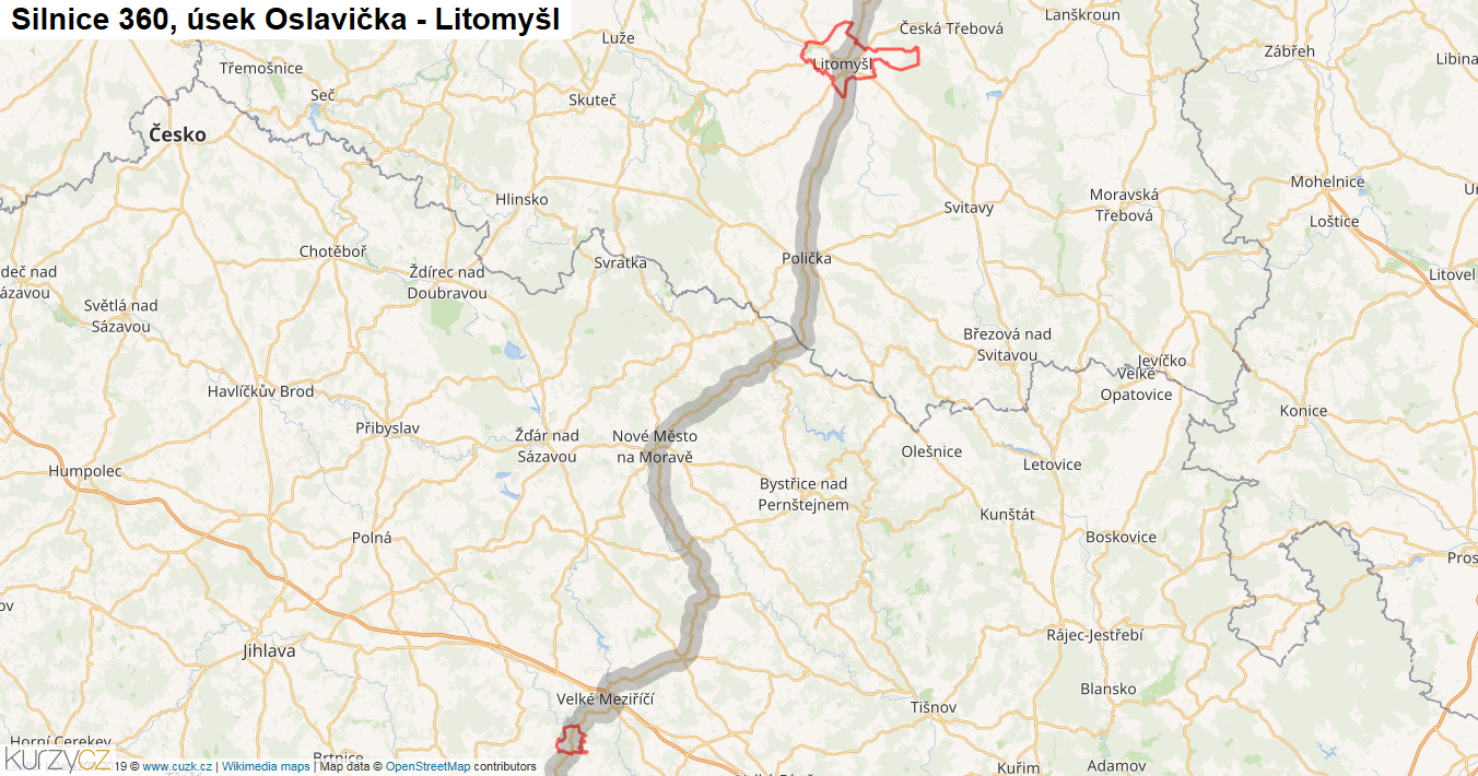 Úsek Oslavička - Litomyšl, Silnice 360 - Mapa