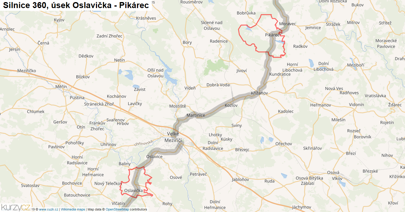 Úsek Oslavička - Pikárec, Silnice 360 - Mapa