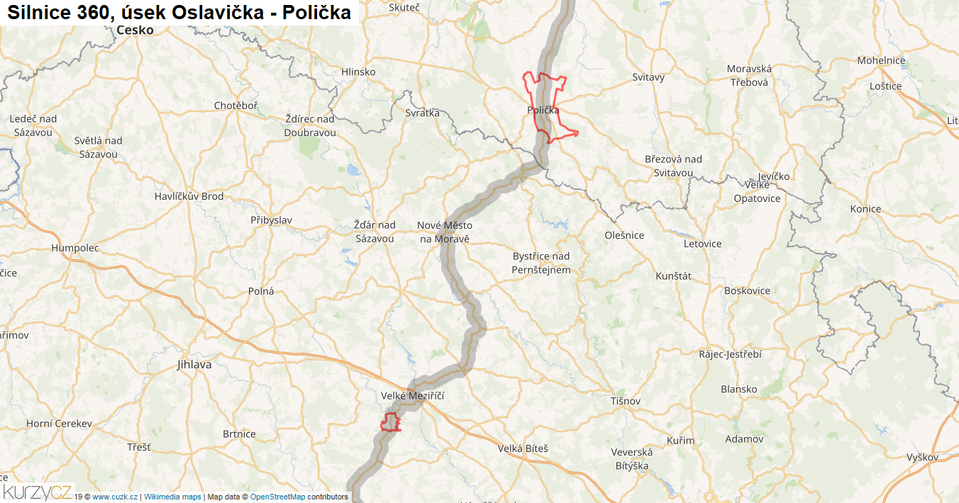 Úsek Oslavička - Polička, Silnice 360 - Mapa