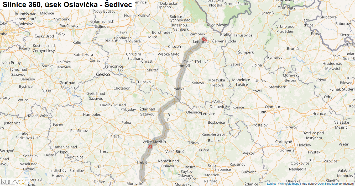 Úsek Oslavička - Šedivec, Silnice 360 - Mapa