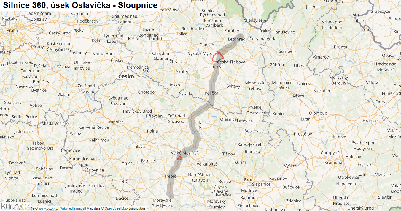 Úsek Oslavička - Sloupnice, Silnice 360 - Mapa