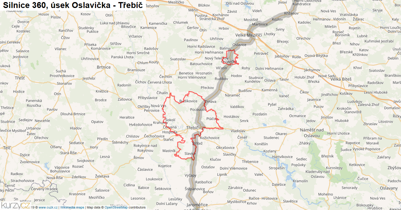 Úsek Oslavička - Třebíč, Silnice 360 - Mapa