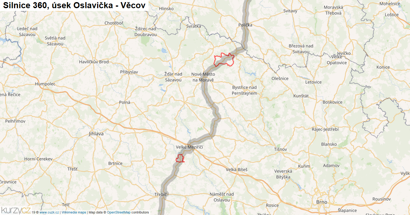 Úsek Oslavička - Věcov, Silnice 360 - Mapa