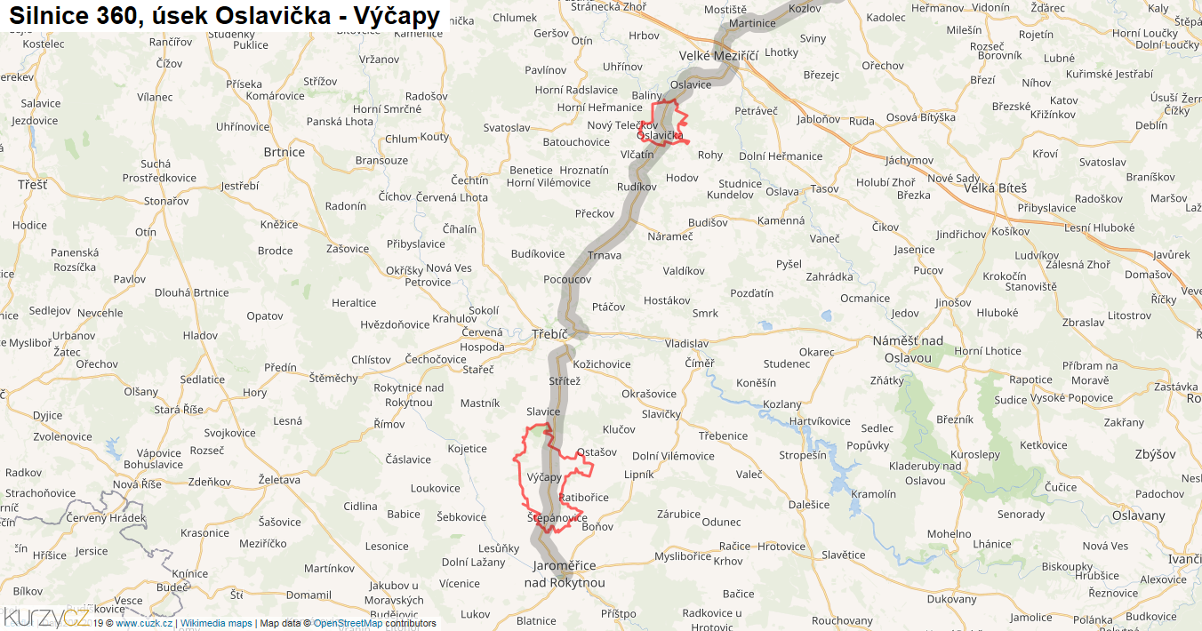 Úsek Oslavička - Výčapy, Silnice 360 - Mapa