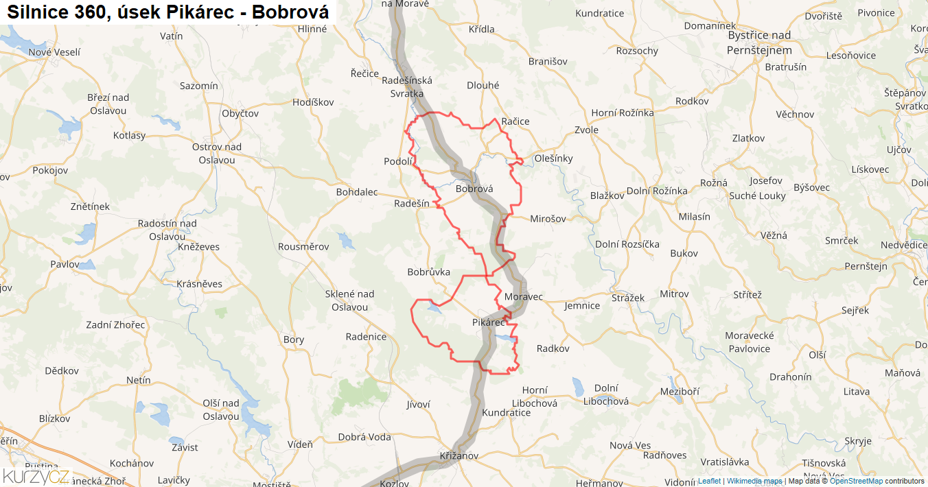 Úsek Pikárec - Bobrová, Silnice 360 - Mapa