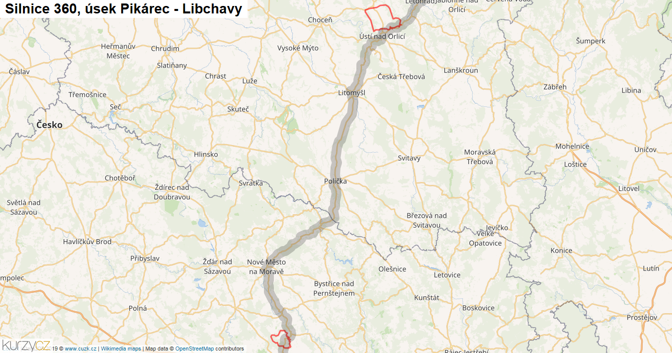 Úsek Pikárec - Libchavy, Silnice 360 - Mapa