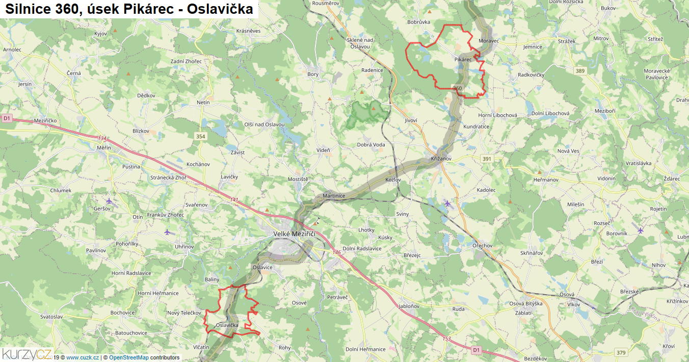 Úsek Pikárec - Oslavička, Silnice 360 - Mapa