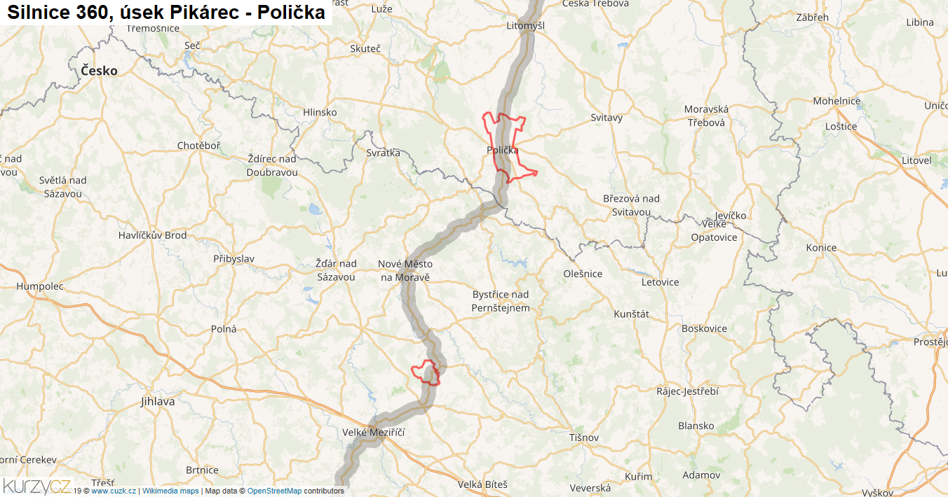 Úsek Pikárec - Polička, Silnice 360 - Mapa
