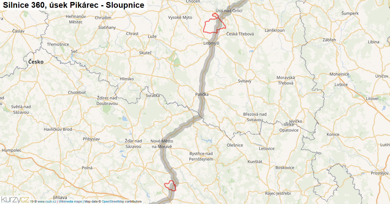 Úsek Pikárec - Sloupnice, Silnice 360 - Mapa