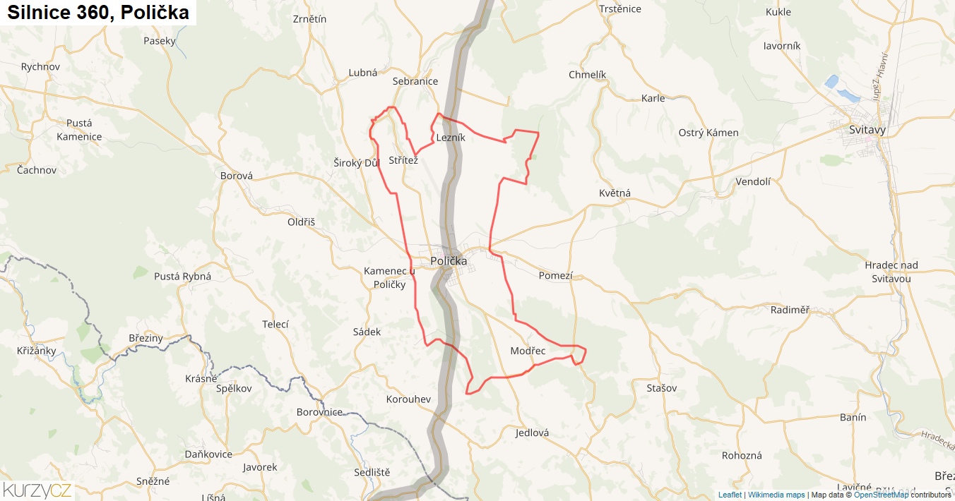 Polička, Silnice 360 - Mapa