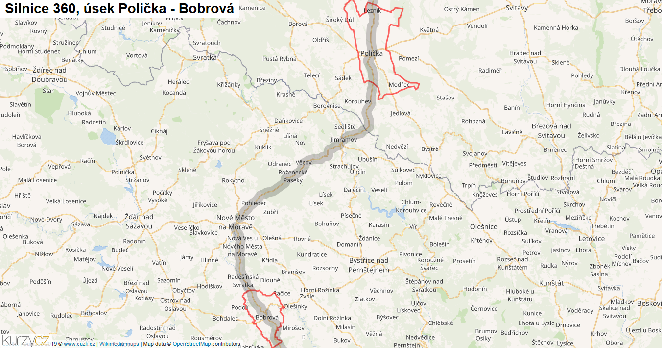 Úsek Polička - Bobrová, Silnice 360 - Mapa